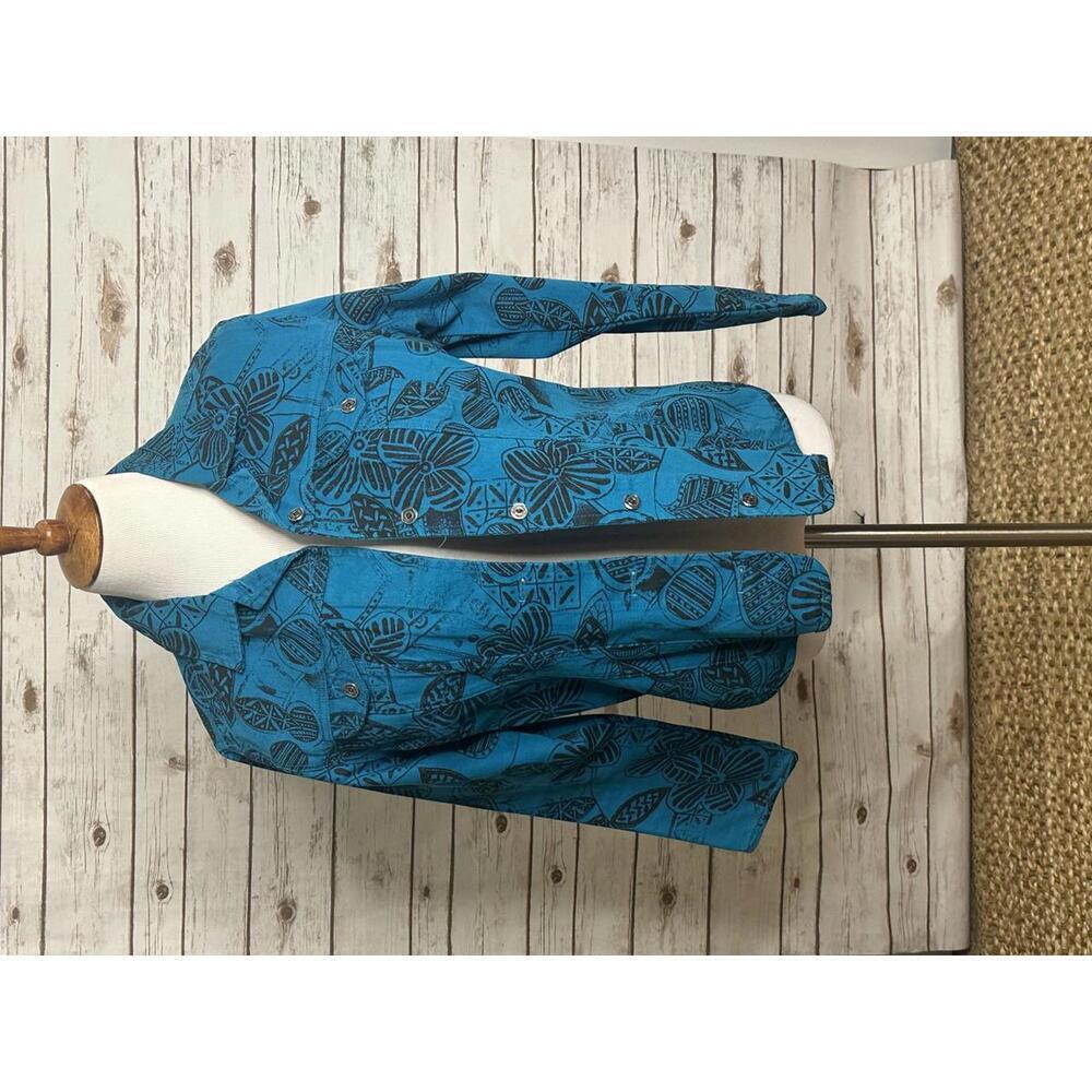 Chico's teal/black artsy tribal floral cotton denim jacket Size 1/Med/8 - Picture 1 of 7